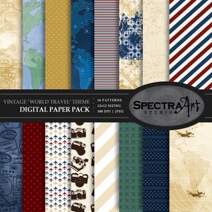 Paquet de papier numérique sur le thème du voyage *Autour du monde* | Papier de scrapbooking imprimable | JPG 12 X 12 Motif | Clipart | Carte du monde | Timbres de passeport