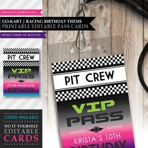 Go-Kart &#39;Indoor Race&#39; Theme *Printable Pit Crew Pass Card* Go Cart / Race Car Party / Racing Birthday / Party Decorations / INSTANT DOWNLOAD