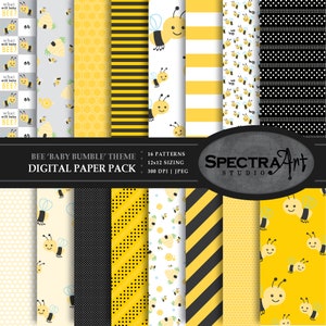 Digitaal papieren pakket bij *Little Bumblebee* thema | Afdrukbaar plakboekpapier | JPG 12 x 12-patroon | Honingkam illustraties | DIRECT DOWNLOADEN