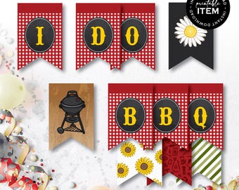 I Do BBQ Bridal Shower Banner Flags | Printable Barbecue Party Decorations | Wedding Shower Decor | Red Gingham Theme: INSTANT DOWNLOAD