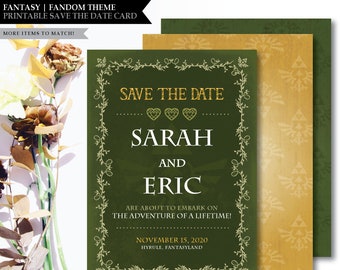 Fantasy *Triforce Green* Theme / Printable Wedding Save The Date / Digital Party Invitation / Video Game Princess / Geek Wedding / Elvin Elf