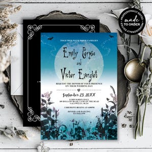 May include: A wedding invitation with a gothic theme. The invitation features the names "Emily Corpse" and "Victor Everglot" with a blue and black background. The invitation includes the date, time, and location of the wedding.