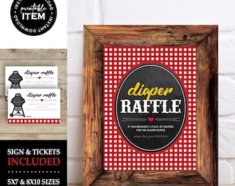 Baby-Q BBQ Diaper Raffle Tickets & Sign | Printable Barbecue Party Decorations | Baby Shower Games | Red Gingham Theme: INSTANT DOWNLOAD