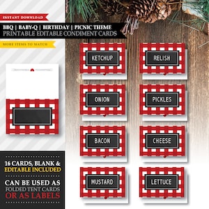 Tema Churrasco 'Backyard BBQ Red' * Cartão de condimento de comida para impressão * Baby-Q / I Do / Editável / Decoração de festa / Lanches / DOWNLOAD INSTANTÂNEO