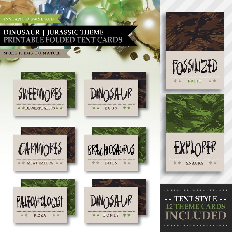 Dinosaur Jungle Camo Theme / Printable Folded Tent Cards / Buffet Food Cards / Dino Snack Labels / Prehistoric Jurassic / INSTANT DOWNLOAD image 1