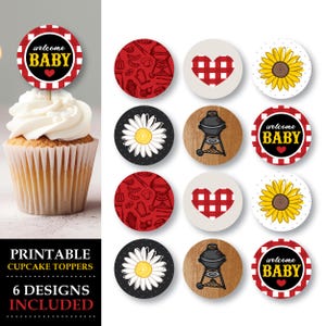 Baby-Q BBQ Cupcake Topper | Druckbare Garten Grill Party Dekorationen | Red Gingham Picknick-Thema: SOFORTIGER DOWNLOAD