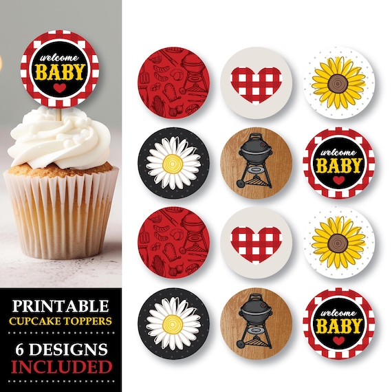 Baby-Q BBQ Cupcake Toppers | Printable Backyard Barbecue Party Decorations | Red Gingham Picnic Theme: INSTANT DOWNLOAD