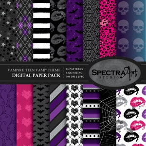 Horror *Teen Vampire* Thema Digital Paper Pack | Druckbares Scrapbook Papier | JPG 12X12 Muster | Mädchen Clip Art | Skelett Schädel | Spinnennetz
