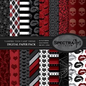 Horror *Teen Vampire Red* Thema Digital Paper Pack | Druckbares Scrapbook Papier | JPG 12X12 Muster | Mädchen Clip Art | Skelett Schädel | Spinne