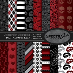 Vampire *Teen Vamp Red* Theme / Party Printables / Digital Scrapbook Paper Pack / Jpg 12X12 Pattern / Clip Art / Skeleton Skull / Spiderweb