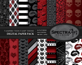 Vampire *Teen Vamp Red* Theme / Party Printables / Digital Scrapbook Paper Pack / Jpg 12X12 Pattern / Clip Art / Skeleton Skull / Spiderweb