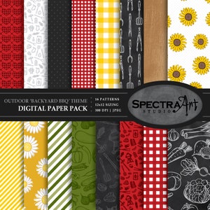Puede incluir: Un paquete de papel digital con 16 patrones para temas de barbacoa en el patio trasero. Los patrones incluyen cuadros rojos y blancos, cuadros amarillos y blancos, girasoles, herramientas para asar, verduras y más. El paquete es de 12x12 pulgadas y 300 DPI.