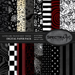 Goth Girl *Blood Red* Theme / Skull Party Printable / Digital Scrapbook Paper Pack / Jpg 12X12 Pattern / Clip Art / Spiderweb / Withcraft