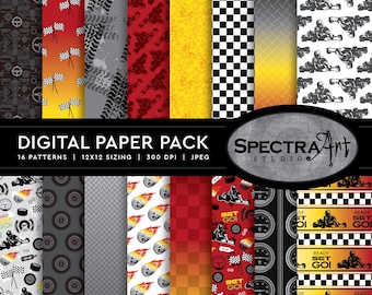 May include: A digital paper pack featuring 16 racing-themed patterns including checkered flags, tire tracks, go-karts, speedometers, flames, and metal textures. The collection displays various color gradients and motifs with the text DIGITAL PAPER PACK.