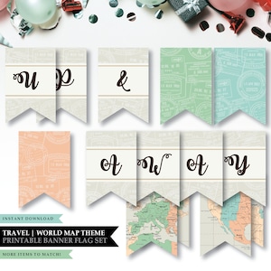 Reise 'Großes Abenteuer' Thema * druckbare Up & Away Banner Flagge * Baby Shower Schild / Party Dekoration / Vintage Weltkarte / INSTANT DOWNLOAD