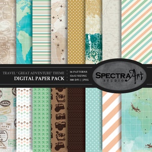 Digitaal papieren pakket met thema *Geweldig avontuur* reizen | Afdrukbaar plakboekpapier | JPG 12 x 12-patroon | Illustraties | Wereldkaart | DIRECT DOWNLOADEN