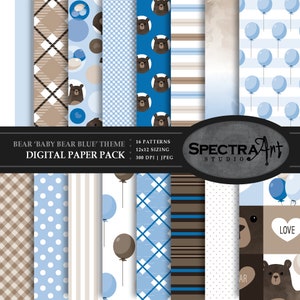 Pack de papier numérique thème Ours *Ballon bleu bébé* | Papier de scrapbooking imprimable | JPG 12 X 12 Motif |  Clipart Ours en peluche | TÉLÉCHARGEMENT IMMÉDIAT