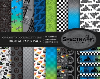Go-Kart *Indoor Race Car Blue* Theme Digital Paper Pack | Printable Scrapbook Paper | JPG 12X12 Pattern | Boys Clip Art | INSTANT DOWNLOAD
