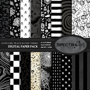 May include: A digital paper pack with 16 black and white patterns featuring gothic and raven themes. The patterns include skulls, ravens, roses, crosses, bats, and more. The pack is 12x12 inches and 300 DPI.