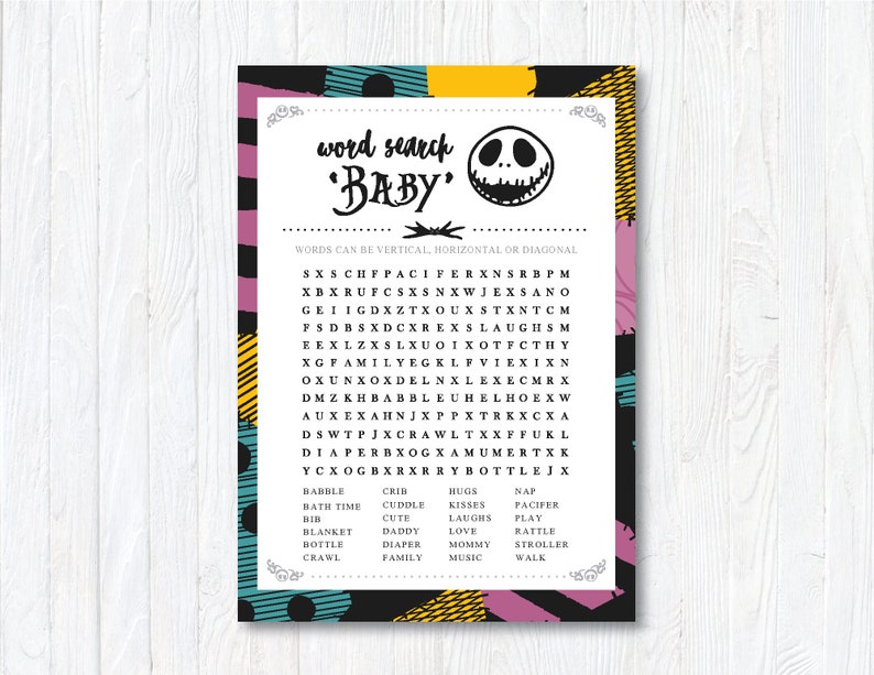 Nightmare Skellington Love Theme / Printable Baby Shower Game Card / Baby Word Search / Word Puzzles / Party Crossword / INSTANT DOWNLOAD image 2