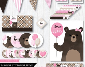 Bear 'Baby Pink Balloon' Theme *Printable Birthday Party Package* Party Decorations / Cupcake Topper / Drink Label / Sign / INSTANT DOWNLOAD