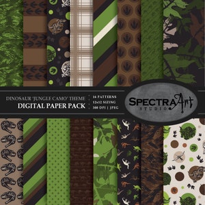 Paquete de papel digital con temática de dinosaurio *camuflaje de jungla* / Papel para álbum de recortes imprimible / Patrón JPG 12 X 12 / Clip Art para niñas / Fósiles de huesos de dinosaurio