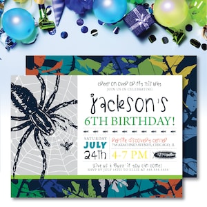 May include: A colourful invitation for a 6th birthday party featuring a spider and web design. The invitation reads "Creep on over or fly this way" and "Jackson's 6th Birthday!" The party is on Saturday, 24th July from 4-7 PM at the Reptile Discovery Centre, 756 Arachnid Avenue, Chicago, IL. The invitation states "Give us a Buzz' if you can come!" and to RSVP by 15th July to Ellie at 555-555-5555.