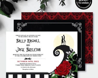 Nightmare *Moonlight Serenade* Printable Wedding Invitation Set | Digital Evite | Bridal Shower | Halloween Party | Gothic Red Rose | CUSTOM