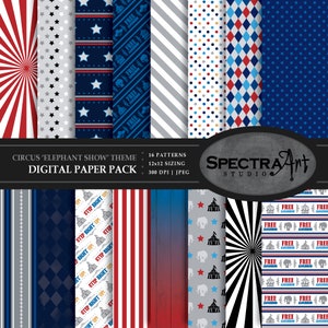 Circus *Elephant Show* Theme Digital Paper Pack | Printable Scrapbook Paper | JPG 12X12 Pattern | Carnival Clip Art | Red | INSTANT DOWNLOAD