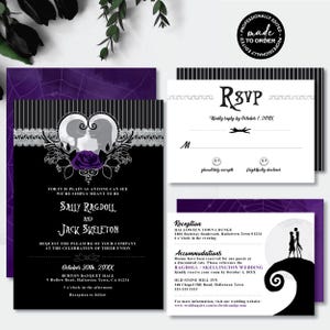 Nightmare *Skellington Web* Printable Wedding Invitation Suite | Digital Evite | RSVP Card | Halloween Skull Party | Purple Rose | CUSTOM