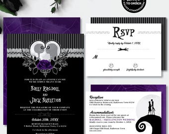 Nightmare *Skellington Web* Printable Wedding Invitation Suite | Digital Evite | RSVP Card | Halloween Skull Party | Purple Rose | CUSTOM