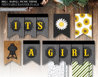 Baby-Q 'Backyard BBQ Black' Theme *Printable It's A Girl Banner Flag* Welcome Sign / Party Decoration / Baby-Que / Picnic / INSTANT DOWNLOAD