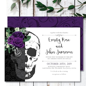 Rose 'Skeleton Rose' Theme * Hochzeitseinladung zum ausdrucken* Gothic Hochzeit / Skull / Viktorianisch / Romantisch / Schwarz Weiß Lila / Save The Date