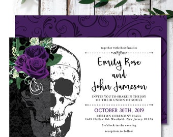 Rose 'Skeleton Rose' Theme *Printable Wedding Invitation* Gothic Wedding / Skull / Victorian / Romantic / Black White Purple / Save The Date