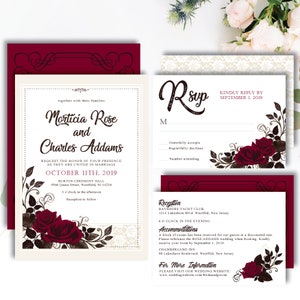 Thème « dentelle entrelacée » rose * faire-part de mariage imprimable * faire-part rose / mariage rustique / crème bordeaux / réservez vos dates / rose rouge