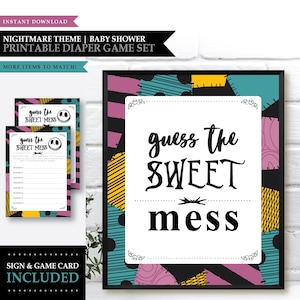 May include: A printable baby shower game set with a Nightmare Before Christmas theme. The set includes a sign and game card with the text "guess the SWEET mess". The design features colorful patchwork.