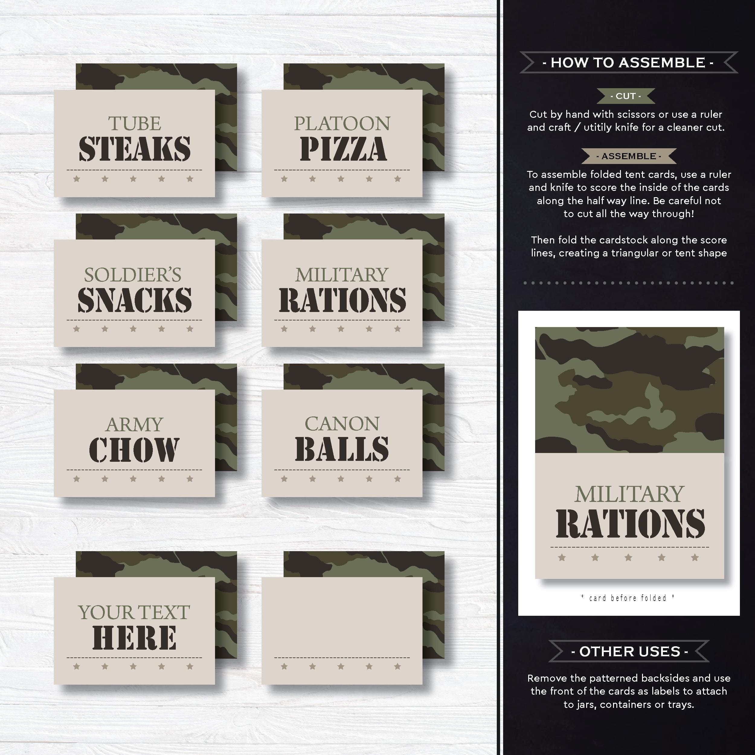 Army Food Snack Labels | Printable Military Party Decorations ...