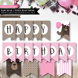 Bear &#39;Pink Balloon&#39; Theme *Printable Happy Birthday Banner* Welcome Sign / Teddy Bear Picnic / 1st First / Baby Shower / INSTANT DOWNLOAD