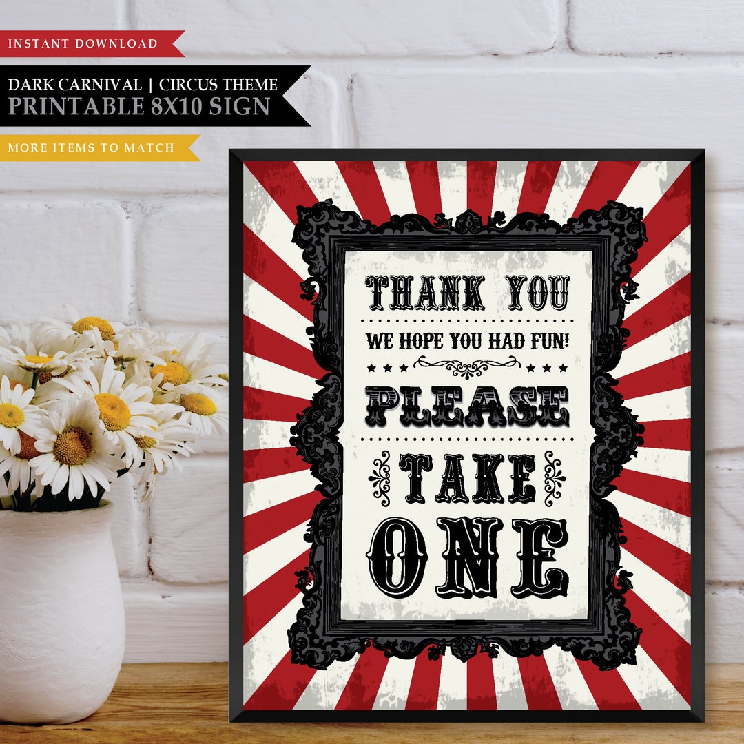 Circus 'dark Carnival' Theme *printable Party Favor Sign* Thank