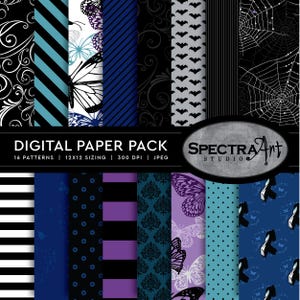 May include: A digital paper pack featuring 16 patterns including black and white swirls, blue and black stripes, butterflies, bats, spiderwebs, polka dots, and damask prints. The text reads DIGITAL PAPER PACK 16 PATTERNS 12X12 SIZING 300 DPI JPEG SPECTRA ART STUDIO.