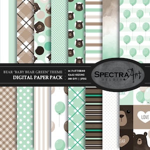 Bear *Baby Green Balloon* Theme Digital Paper Pack | Printable Scrapbook Paper | JPG 12X12 Pattern |  Teddy Bear Clip Art | INSTANT DOWNLOAD