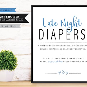 Baby &#39;Blue Heart Script&#39; Theme *Printable Baby Shower Late Night Diaper Sign* Diaper Deep Thoughts / Diaper Message Game / INSTANT DOWNLOAD