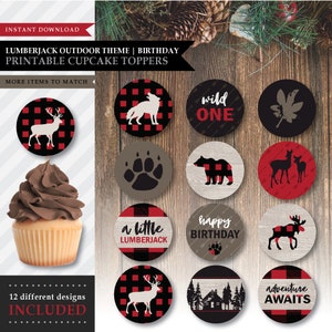 Lumberjack 'Red Plaid' Theme *Printable Birthday Cupcake Party Toppers* Snack Labels / Wild One / Outdoors / Favor Tags / INSTANT DOWNLOAD