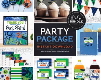 Insect Blue Birthday Party Package | Printable DIY Party Decorations | Food & Drink Signs | Kids Bug Bash Theme: INSTANT DOWNLOAD