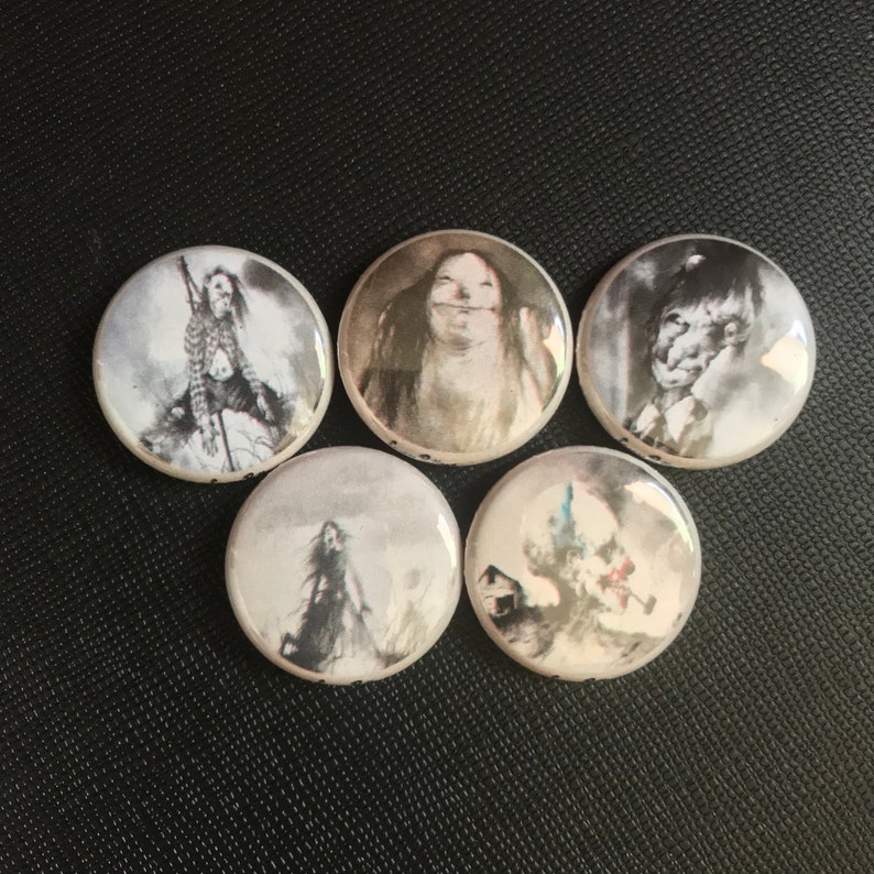 Handmade Buttons 1 inch Pin set of 5 Pin Badges Scary Stories To Tell In The Dark