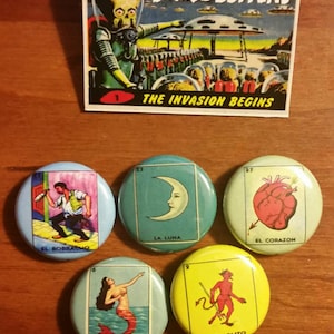 Loteria Pins set of 5| 1inch buttons| El Corazon| El Diablo| La Sirena| Buttons| Pins| Conchas| El Borracho| La Luna|Classic| Art