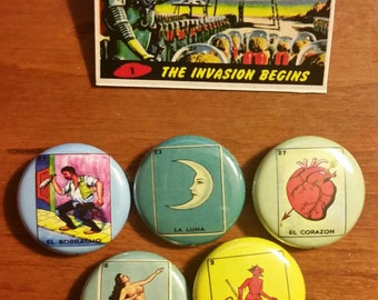 Loteria Pins set of 5| 1inch buttons| El Corazon| El Diablo| La Sirena| Buttons| Pins| Conchas| El Borracho| La Luna|Classic| Art
