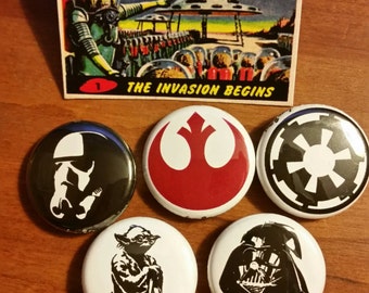 Star Wars button set of 5| 1 inch buttons| Jedi| Skywalker| Lucas Films| Classics|Yoda|Darth Vader| Lightsaber| Clone trooper|Empire|Rebels