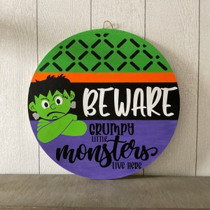 Door Hanger, Welcome Sign, Wood Round, Halloween, Frankenstein Fall, Autumn,