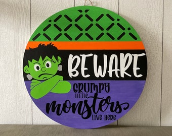 Door Hanger, Welcome Sign, Wood Round, Halloween, Frankenstein Fall, Autumn,